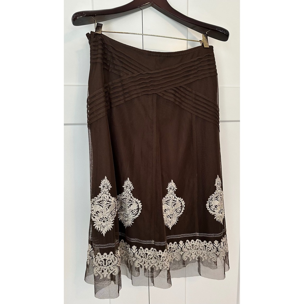 Nygard Collection Brown Mesh Embroidered Midi Skirt Pleated Waist Size 10 - Picture 2 of 8